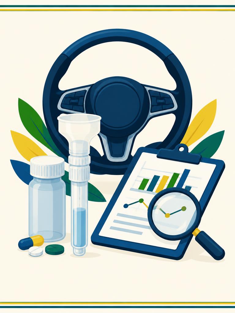 Capa ilustrada — Drogômetro, medicamentos e capacidade de dirigir: como interpretar detecção, concentração e comprometimento psicomotor nos testes de fluido oral